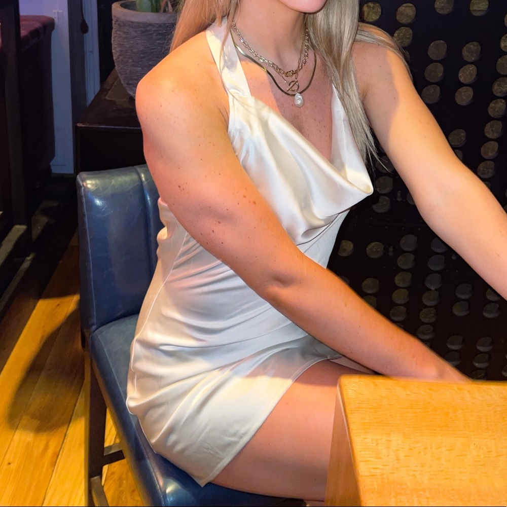 Pearly white mini satin dress